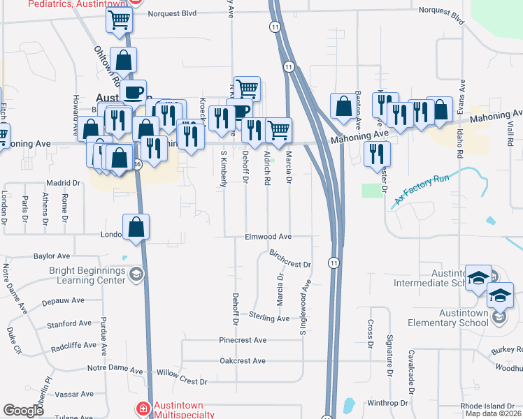 map of restaurants, bars, coffee shops, grocery stores, and more near 125 Aldrich Road in Youngstown