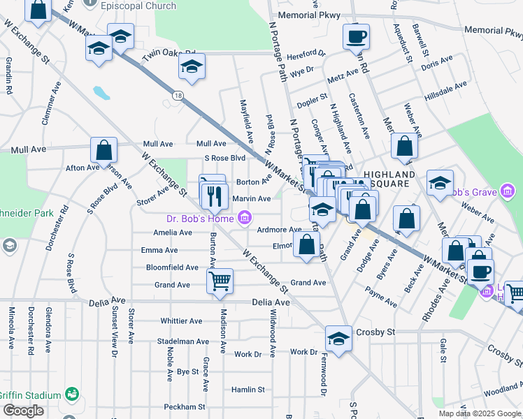 map of restaurants, bars, coffee shops, grocery stores, and more near 80 Marvin Avenue in Akron