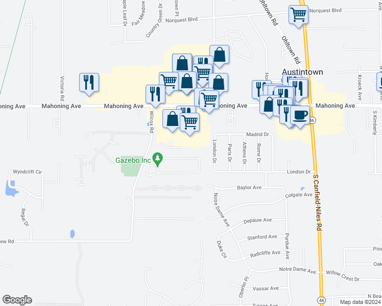 map of restaurants, bars, coffee shops, grocery stores, and more near 5934 Callaway Circle in Youngstown