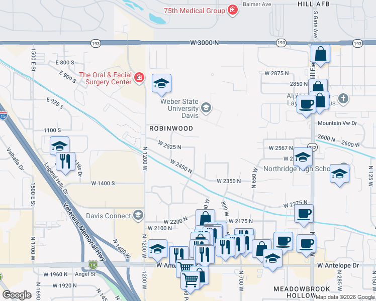map of restaurants, bars, coffee shops, grocery stores, and more near 1012 West 2525 North in Layton