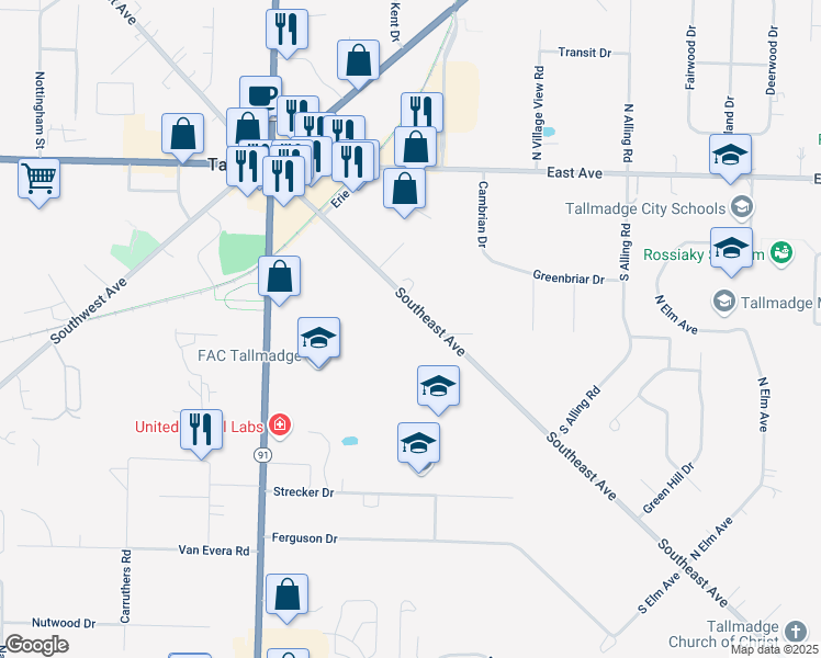 map of restaurants, bars, coffee shops, grocery stores, and more near 198 Southeast Avenue in Tallmadge