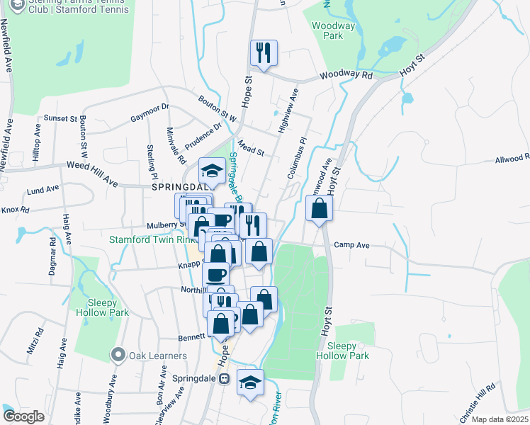 map of restaurants, bars, coffee shops, grocery stores, and more near 12 Columbus Place in Stamford