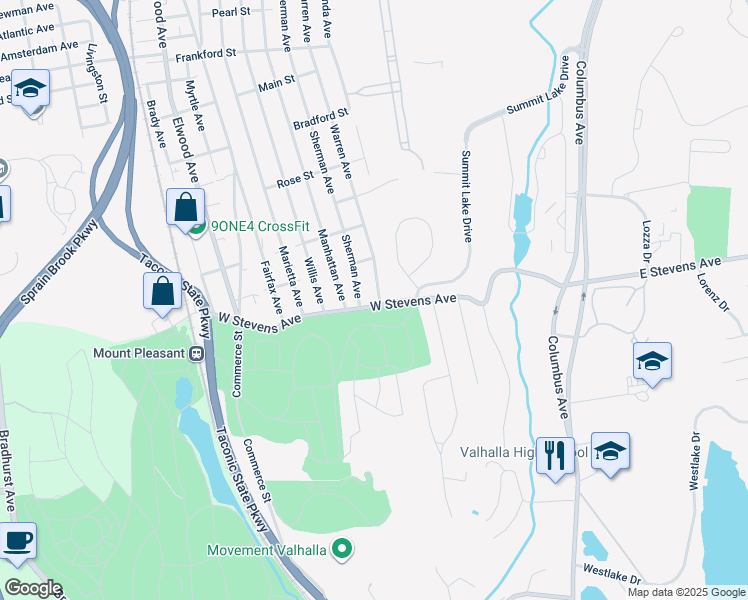map of restaurants, bars, coffee shops, grocery stores, and more near 118 Sherman Avenue in Hawthorne