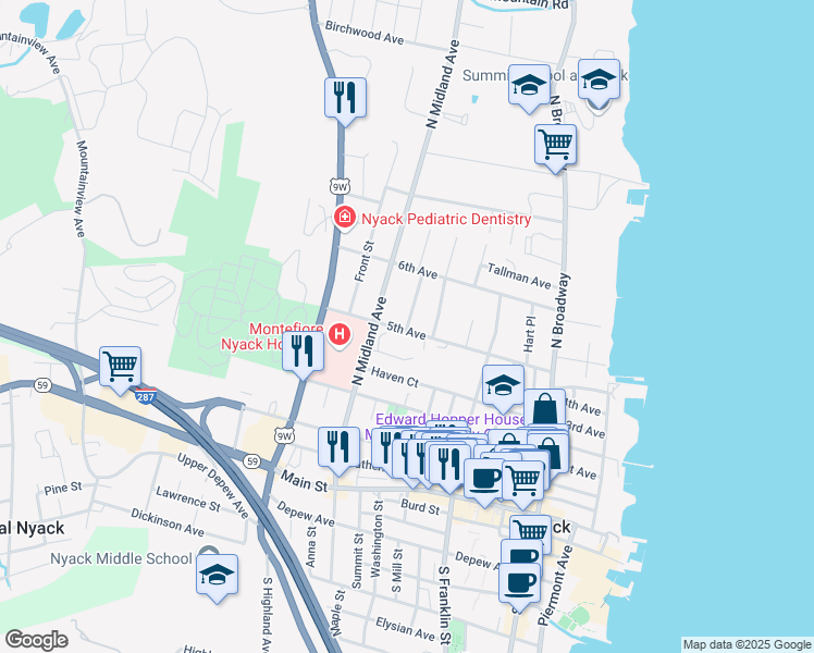 map of restaurants, bars, coffee shops, grocery stores, and more near 3 Francis Avenue in Nyack