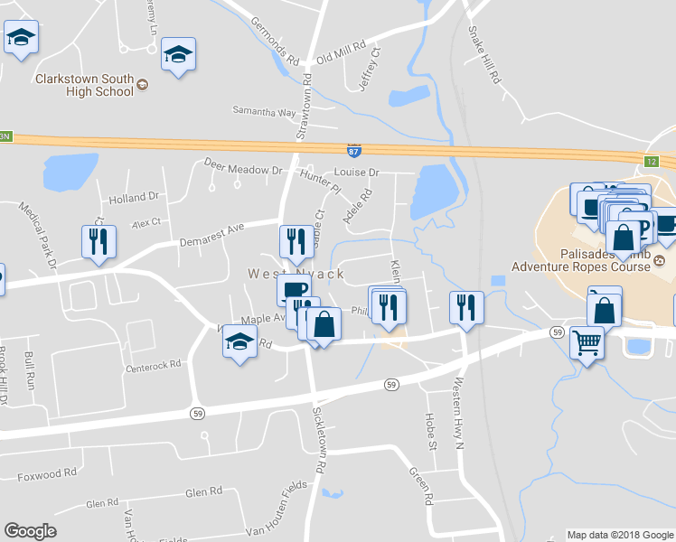 map of restaurants, bars, coffee shops, grocery stores, and more near 30 East Street in West Nyack