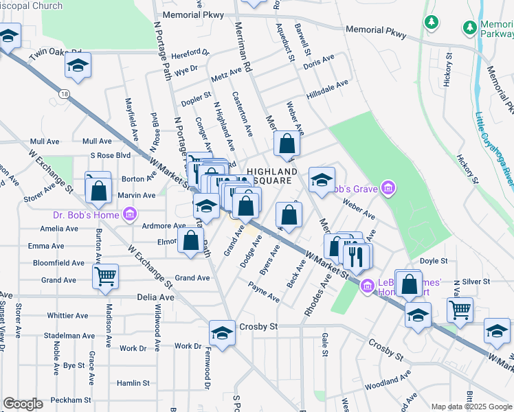 map of restaurants, bars, coffee shops, grocery stores, and more near 37 Casterton Avenue in Akron