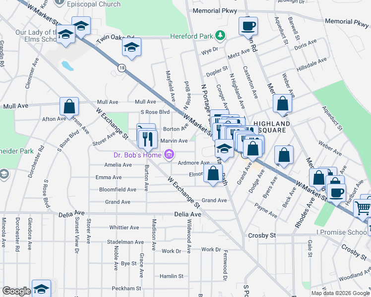 map of restaurants, bars, coffee shops, grocery stores, and more near 42 Marvin Avenue in Akron