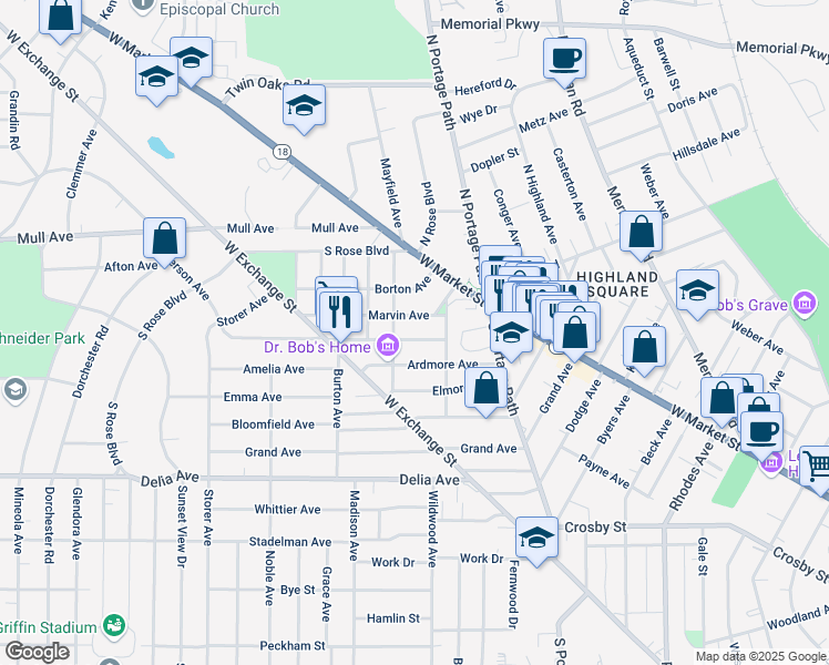 map of restaurants, bars, coffee shops, grocery stores, and more near 80 Marvin Avenue in Akron