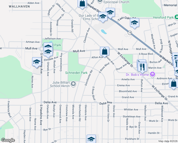 map of restaurants, bars, coffee shops, grocery stores, and more near 265 Mineola Avenue in Akron