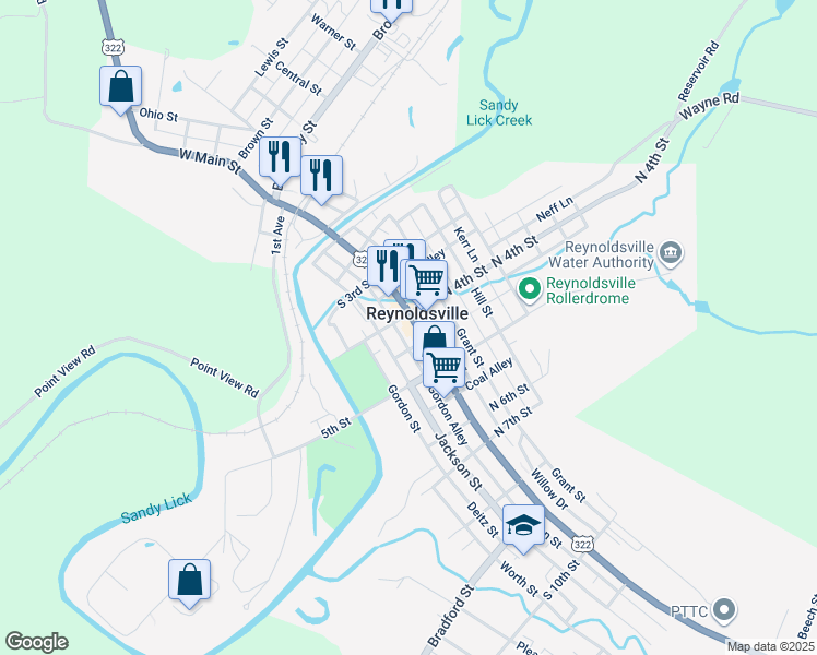 map of restaurants, bars, coffee shops, grocery stores, and more near 417 East Main Street in Reynoldsville