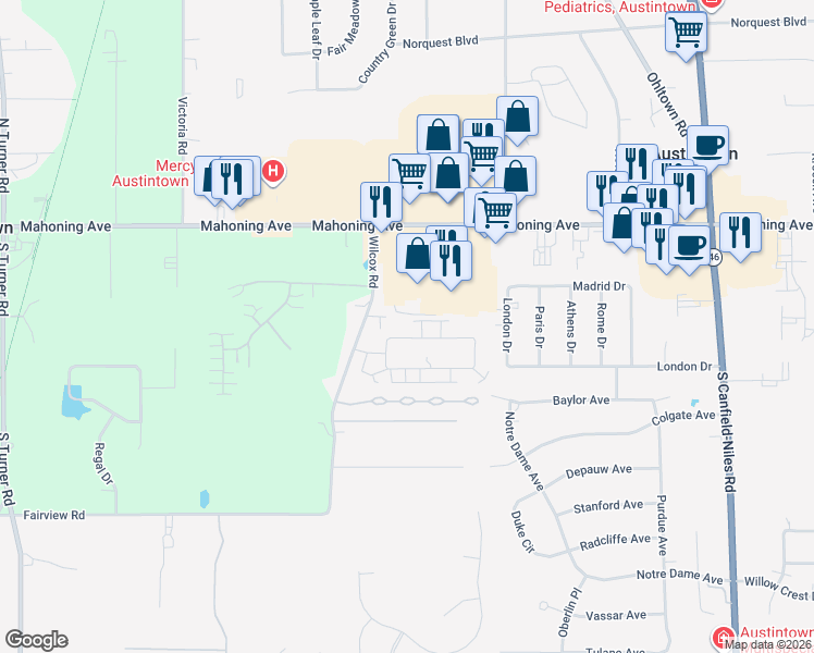 map of restaurants, bars, coffee shops, grocery stores, and more near 353 Wilcox Road in Austintown