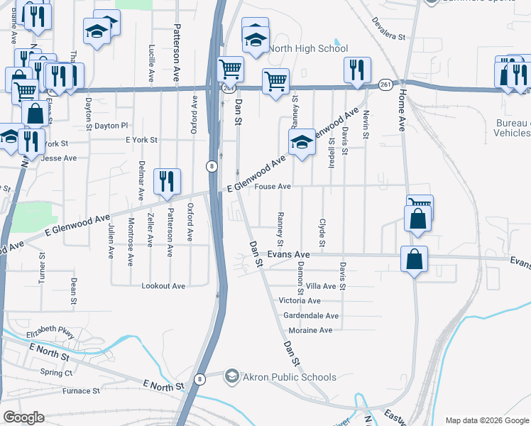 map of restaurants, bars, coffee shops, grocery stores, and more near 688 Ranney Street in Akron