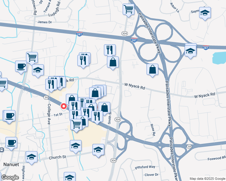 map of restaurants, bars, coffee shops, grocery stores, and more near 135 West Nyack Road in Nanuet