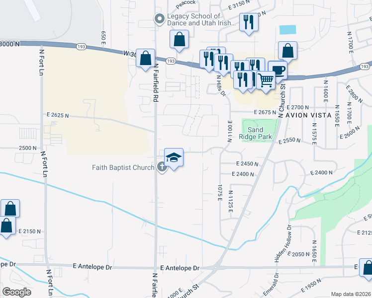 map of restaurants, bars, coffee shops, grocery stores, and more near 2529 North 1000 East in Layton