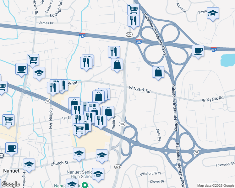map of restaurants, bars, coffee shops, grocery stores, and more near 135 West Nyack Road in Nanuet