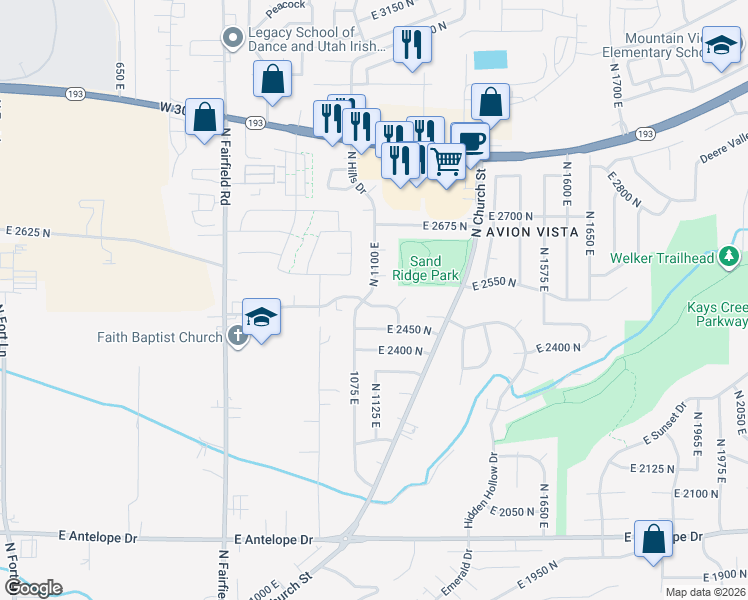map of restaurants, bars, coffee shops, grocery stores, and more near 1123 East 2500 North in Layton