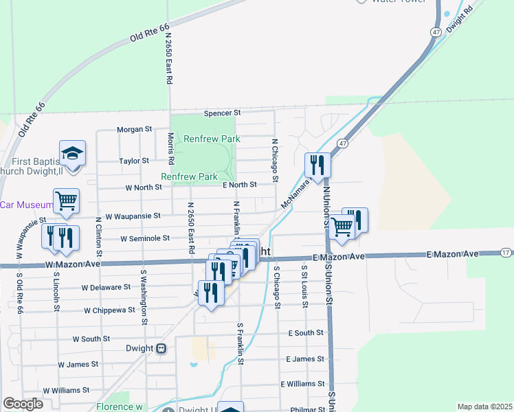 map of restaurants, bars, coffee shops, grocery stores, and more near 212 East Waupansie Street in Dwight