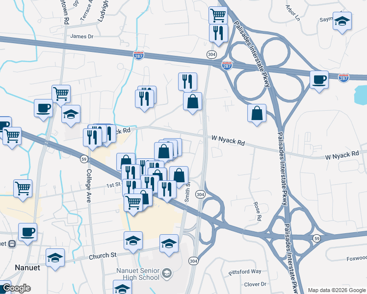 map of restaurants, bars, coffee shops, grocery stores, and more near 135 West Nyack Road in Nanuet