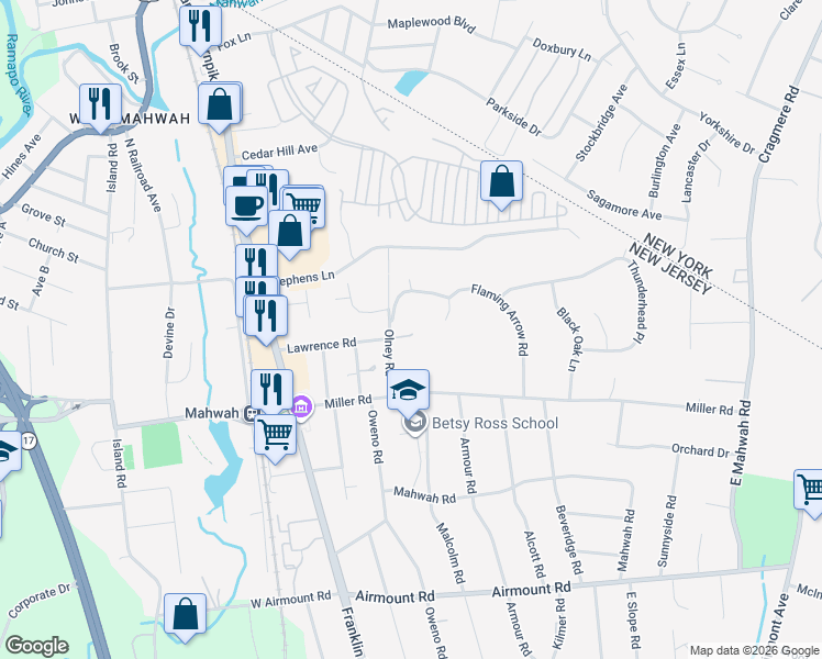 map of restaurants, bars, coffee shops, grocery stores, and more near 23 Olney Road in Mahwah