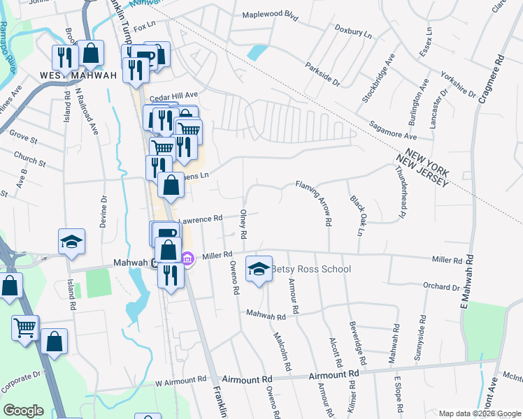 map of restaurants, bars, coffee shops, grocery stores, and more near 23 Olney Road in Mahwah