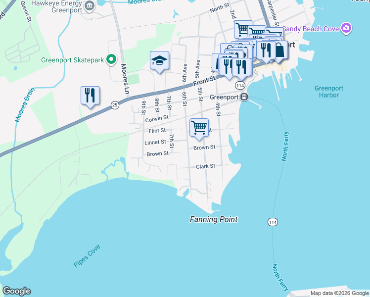 map of restaurants, bars, coffee shops, grocery stores, and more near 311 6th Street in Greenport