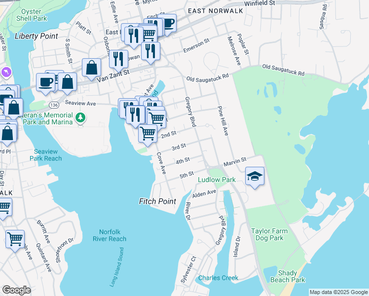 map of restaurants, bars, coffee shops, grocery stores, and more near 21 3rd Street in Norwalk