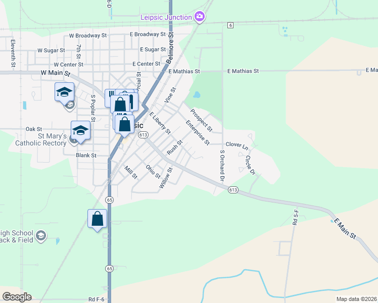map of restaurants, bars, coffee shops, grocery stores, and more near 98 Brice Street in Leipsic