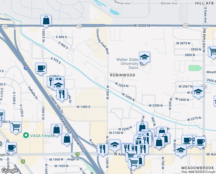 map of restaurants, bars, coffee shops, grocery stores, and more near 2480 North 1200 West in Layton