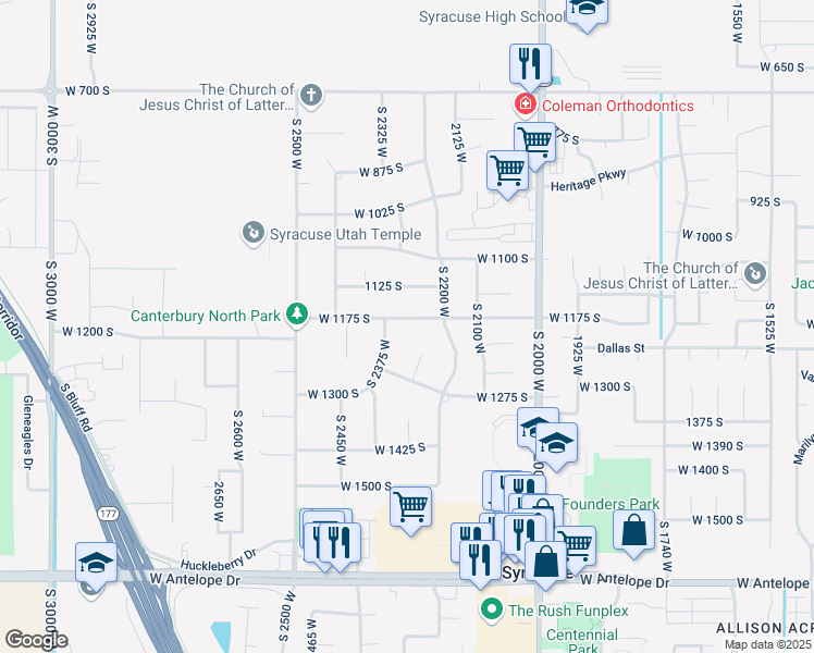 map of restaurants, bars, coffee shops, grocery stores, and more near 2315 West 1175 South in Syracuse