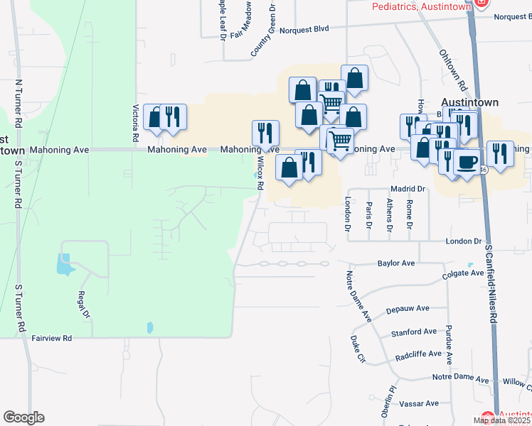 map of restaurants, bars, coffee shops, grocery stores, and more near 353 Wilcox Road in Austintown