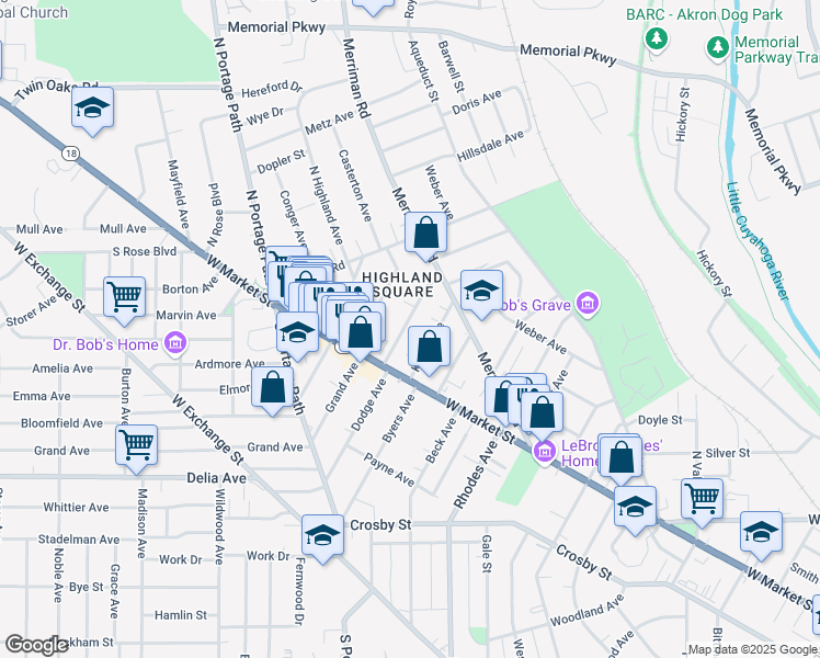 map of restaurants, bars, coffee shops, grocery stores, and more near 47 Hawthorne Avenue in Akron
