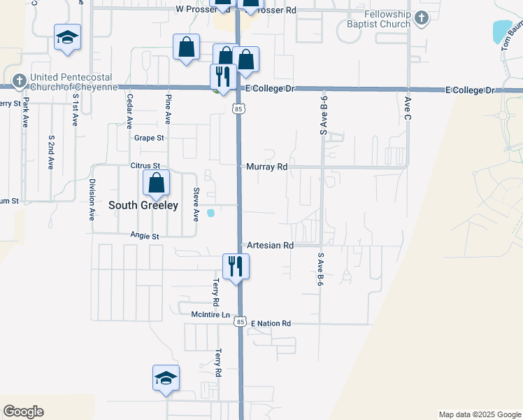 map of restaurants, bars, coffee shops, grocery stores, and more near 2303 South Greeley Highway in Cheyenne