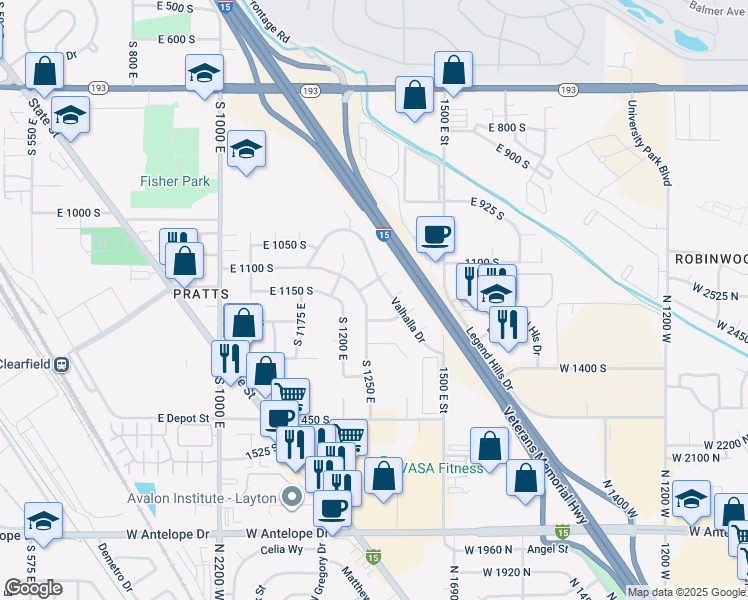map of restaurants, bars, coffee shops, grocery stores, and more near 1221 East 1200 South in Clearfield