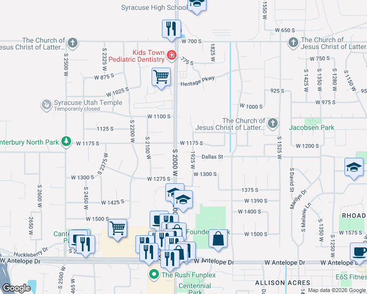 map of restaurants, bars, coffee shops, grocery stores, and more near 1936 West 1175 South in Syracuse