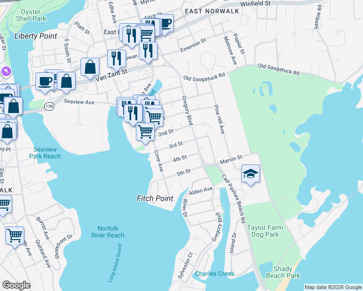 map of restaurants, bars, coffee shops, grocery stores, and more near 21 3rd Street in Norwalk