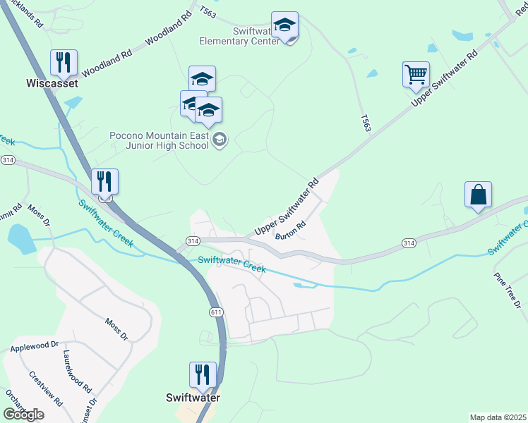 map of restaurants, bars, coffee shops, grocery stores, and more near 61-71 Swiftwater Road in Mount Pocono