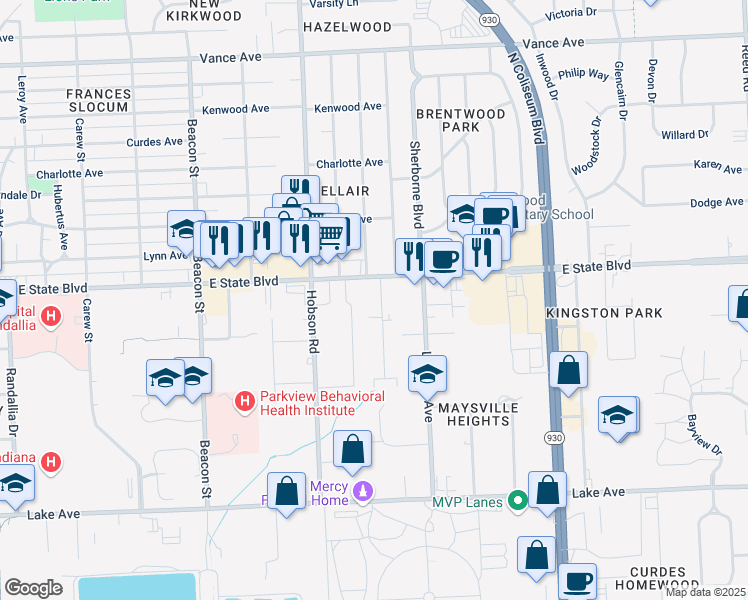 map of restaurants, bars, coffee shops, grocery stores, and more near 3320 East State Boulevard in Fort Wayne