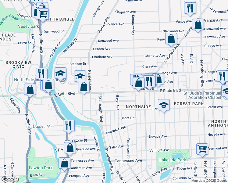 map of restaurants, bars, coffee shops, grocery stores, and more near in Fort Wayne