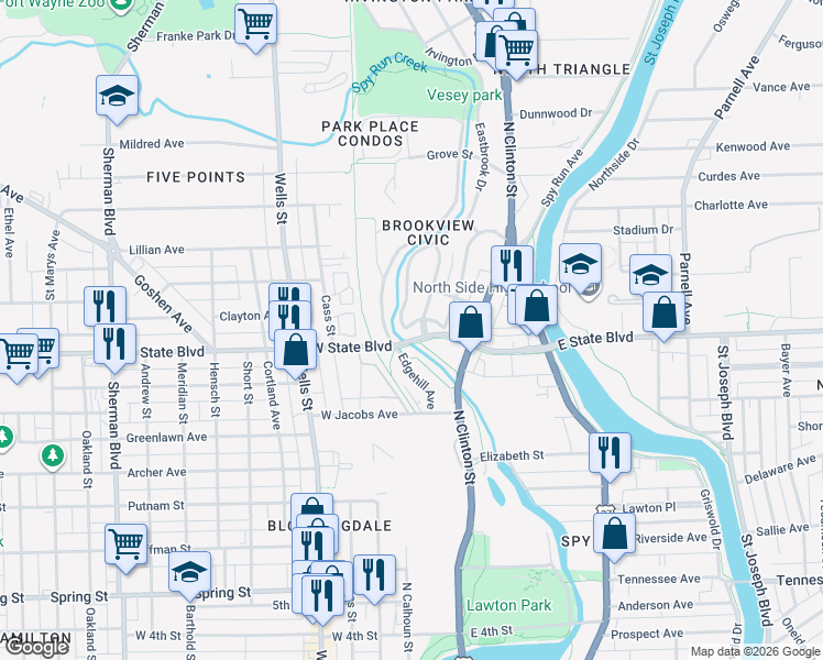 map of restaurants, bars, coffee shops, grocery stores, and more near 136-138 East State Boulevard in Fort Wayne