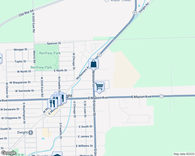 map of restaurants, bars, coffee shops, grocery stores, and more near 304 North Union Street in Dwight