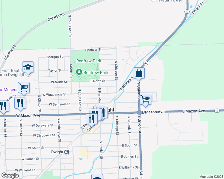 map of restaurants, bars, coffee shops, grocery stores, and more near 212 East Waupansie Street in Dwight