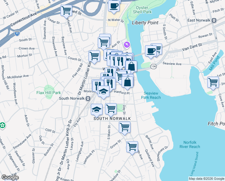 map of restaurants, bars, coffee shops, grocery stores, and more near in Norwalk