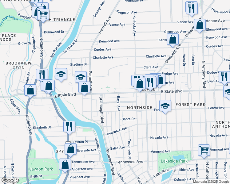 map of restaurants, bars, coffee shops, grocery stores, and more near 909 East State Boulevard in Fort Wayne