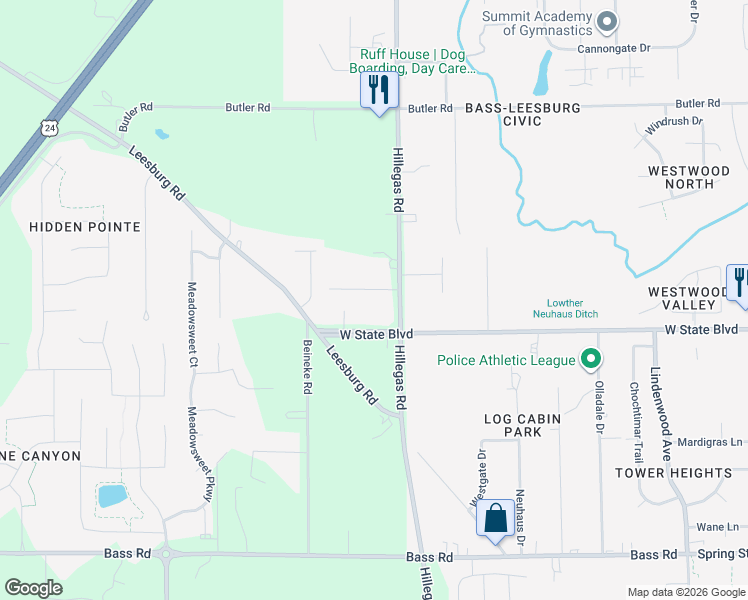 map of restaurants, bars, coffee shops, grocery stores, and more near 3821 Irene Court in Fort Wayne
