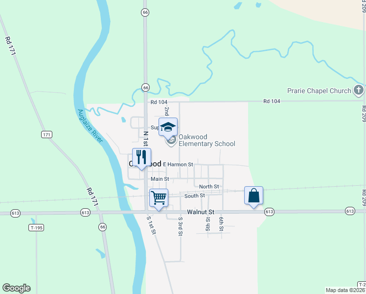 map of restaurants, bars, coffee shops, grocery stores, and more near 301 North 3rd Street in Oakwood