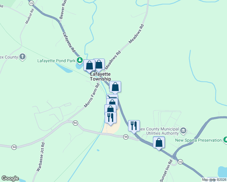 map of restaurants, bars, coffee shops, grocery stores, and more near 82 New Jersey 15 in Lafayette