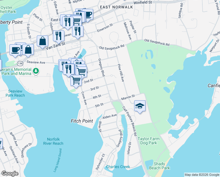 map of restaurants, bars, coffee shops, grocery stores, and more near 71 Gregory Boulevard in Norwalk
