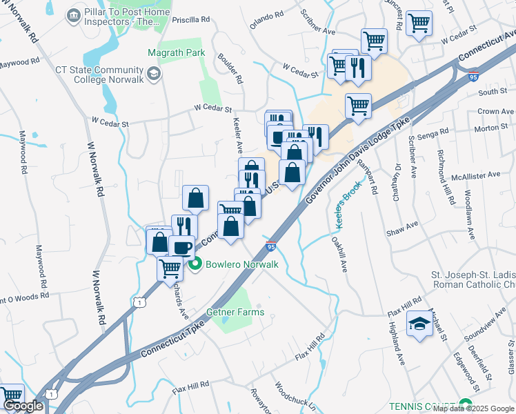 map of restaurants, bars, coffee shops, grocery stores, and more near 575 U.S. 1 in Norwalk