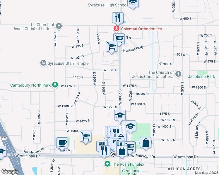 map of restaurants, bars, coffee shops, grocery stores, and more near 2066 West 1175 South in Syracuse