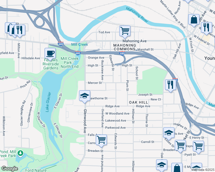 map of restaurants, bars, coffee shops, grocery stores, and more near 413 Hoffman Street in Youngstown
